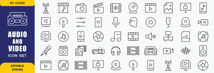 Audio Video icon set. Line icon collection set. Music, Cinema, File, Song, Movie and more. Simple vector icons. Vector  icon set