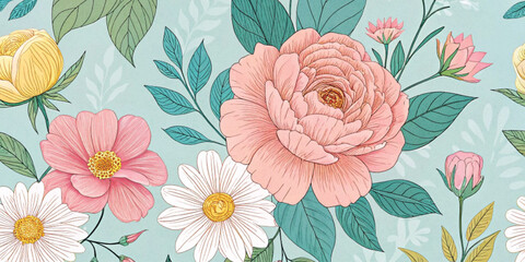 Abstract vibrant floral pattern featuring soft pastel flowers on a mint background with texture.