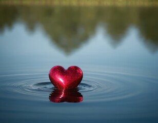 Fototapeta premium A romantic red heart decoration symbolizing love and passion floating in water on Valentine's Day