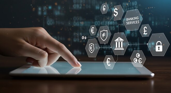 A futuristic fintech concept with a hand interacting with a digital interface of currency symbols and banking icons.