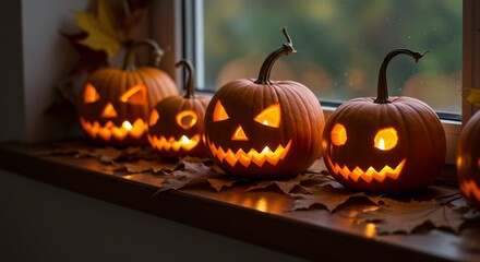 Obraz premium Carved pumpkins glow on a windowsill amidst fallen leaves creating a spooky Halloween display