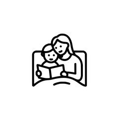 Illustration of a mother and child reading a book together in bed with a simple black outline style