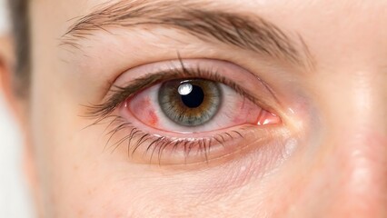 Red irritated eye with green iris human eye red eye