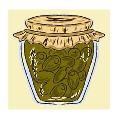 Hand drawn jar with preserved fruits or vegetables. Autumn harvest concept in sketchy vector style. Perfect for seasonal food illustrations, recipes and cozy kitchen designs