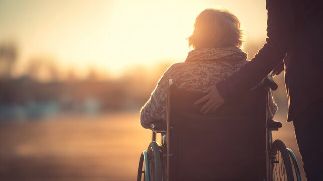An elderly person in a wheelchair is silhouetted against a warm sunset with a caregiver offering comforting support,