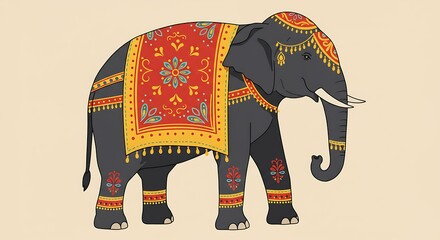 A beautifully adorned elephant in traditional Indian attire for a royal ceremony or cultural festival.