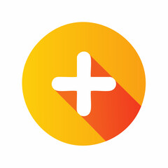 Obraz premium Plus sign icon with long shadow effect on a vibrant orange and yellow gradient circle