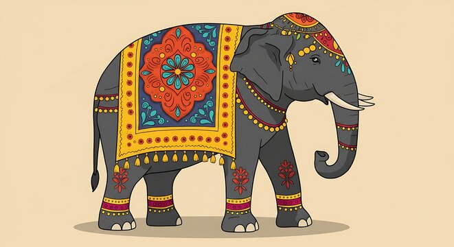 Beautifully decorated Indian elephant in traditional ceremonial attire, a colorful vector illustration.