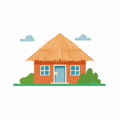 Charming Small House With Thatched Roof, Cute Windows, Blue Door and Cartoon Clouds