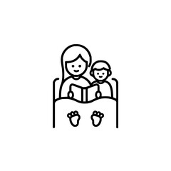 Illustration of a mother reading a book to her child in bed with visible feet under the covers at bedtime
