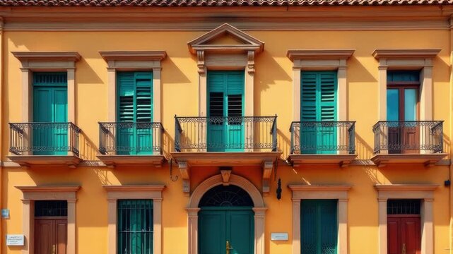 A yellow building with green shutters and a green fire hydrant, perfect for urban or architecture images