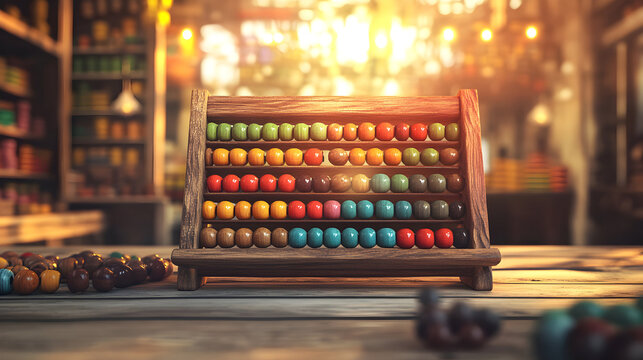 A colorful abacus rests on a wooden surface in a warm library setting.