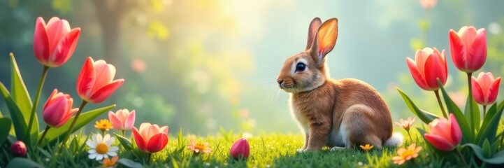 Fototapeta premium Realistic painted rabbit sitting amidst blooming spring tulips , wildlife, animal