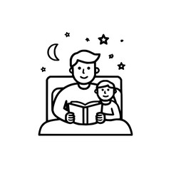 Illustration of a father reading a book to his child in bed under the moon and stars in black and white style