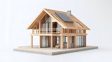 A wooden model house with solar panels on the roof against a white background.