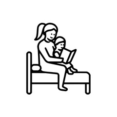 A woman with a ponytail is sitting on a bed reading a book to a child in black and white line drawing style