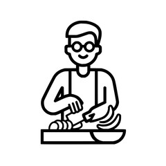 A cartoon man with glasses is cutting bananas on a cutting board with a knife in a line drawing style