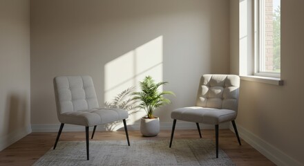 Fototapeta premium A modern, minimalistic room with two tufted chairs on a rug, a potted plant, and sunlight streaming through a window