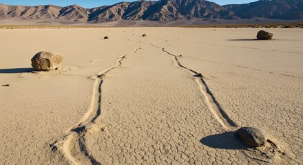 Moving stones with long trails on dry Racetrack Playa lakebed in Death Valley desert