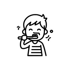 A cartoon boy with spiky hair and a striped shirt is brushing his teeth with a toothbrush happily today