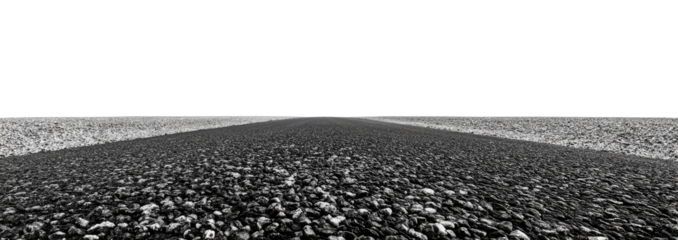 Wide, empty, monochrome road stretches into the distance