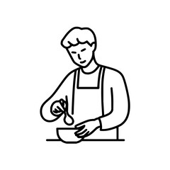 A person wearing an apron is stirring something in a bowl with a spoon in a simple line drawing style