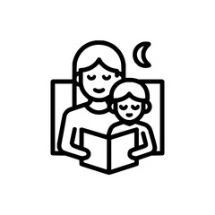 Illustration of a mother and child reading a book together under a crescent moon in black and white style