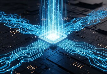 A powerful CPU on a circuit board, emitting a brilliant blue light beam. Symbolizes high-performance computing, data processing, artificial intelligence, and the power of modern microchip technology.