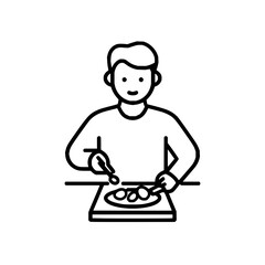 A person is shown eating a meal at a table using utensils in a simple black and white line drawing style