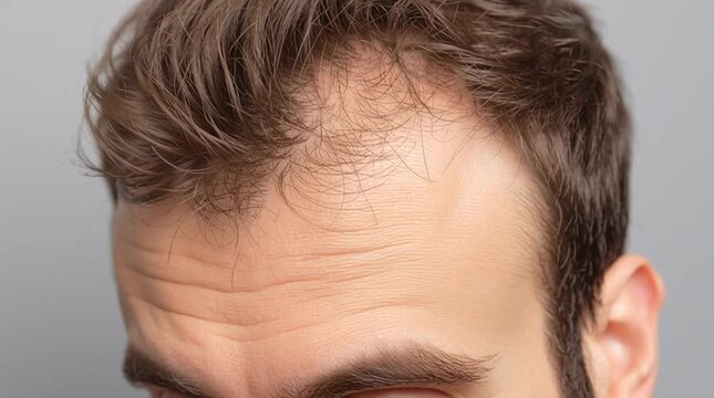 Man with noticeable hair thinning on the top of his head showing signs of male pattern baldness, horizontal video