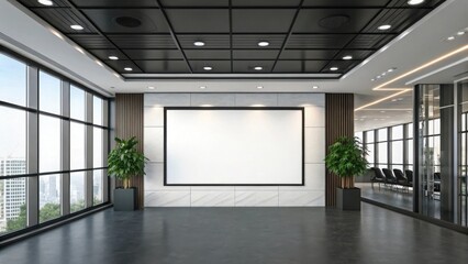 Fototapeta premium Modern office interior with white screen and city view