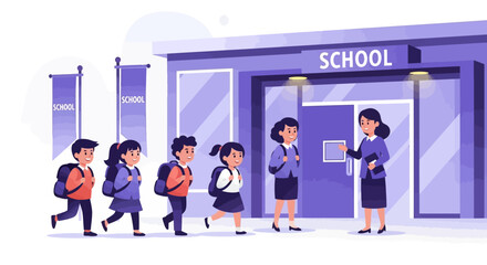Children walking towards school building entrance with teacher greeting them, ready for class.