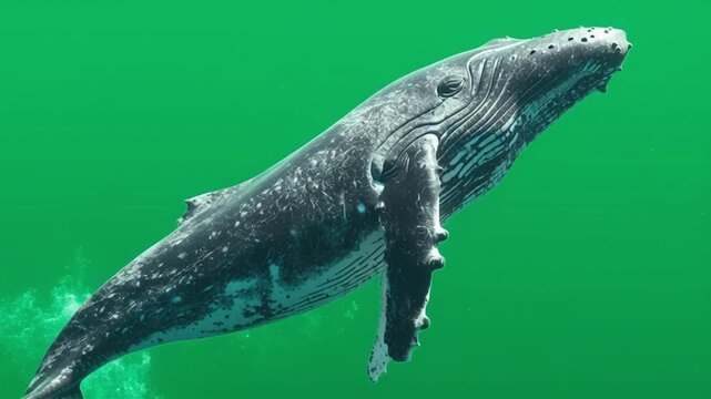 Humpback whale swimming in green water showing pectoral fin and body close up underwater view green screen animal video