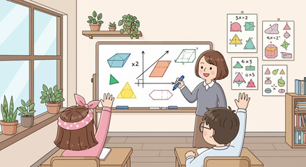 Fototapeta premium A teacher explains geometry on a whiteboard to two students in a bright classroom setting.