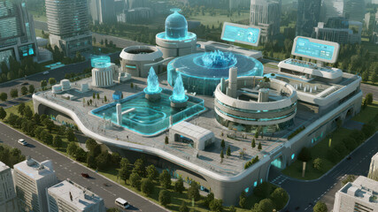 Futuristic Urban Complex with Advanced Architectural Design and Holographic Displays