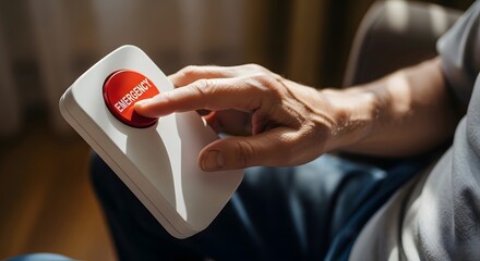 Urgent Help Request A hand presses an emergency button, seeking immediate assistance. The red button contrasts sharply against the white device, symbolizing a critical need for help.