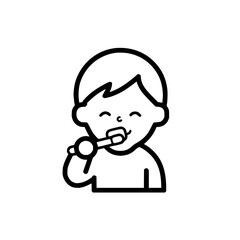 A happy child brushing their teeth with a toothbrush in a simple black and white line drawing illustration