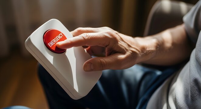 Urgent Help Request A hand presses an emergency button, seeking immediate assistance. The red button contrasts sharply against the white device, symbolizing a critical need for help.
