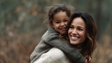 Fototapeta premium Mother giving joyful piggyback ride to laughing child