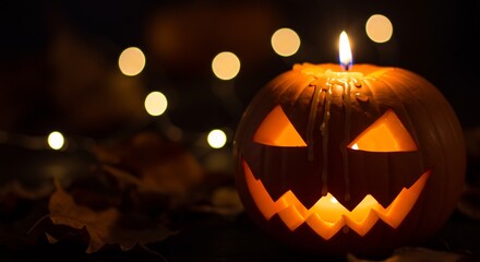 Naklejka premium Halloween pumpkin lit with a candle sitting on leaves in the dark with bokeh lights in the background