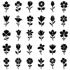 Collection of 30 Black Flower Silhouettes on White Background
