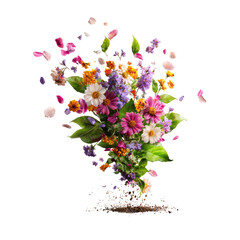 Exploding bouquet of vibrant flowers erupting from soil