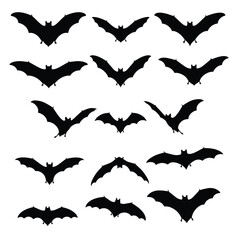 Obraz premium Collection of black bat silhouettes in flight and perched on white Keywords: bat, bats, silhouette, flying, flight, animal, creature, mammal