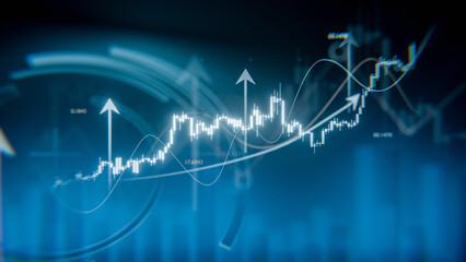 Rising candlestick chart on a blue background, financial market growth chart, rising stock and investment market, bullish chart with arrows and daigrams