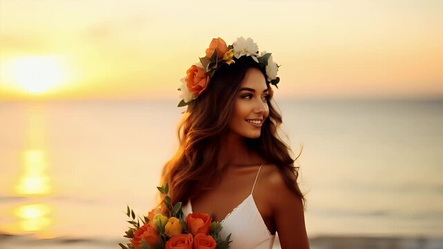 A woman with a floral crown stands against a sunset backdrop. She is adorned with a bouquet of flowers, and her gaze is directed towards the camera. The sky is painted in hues of orange.