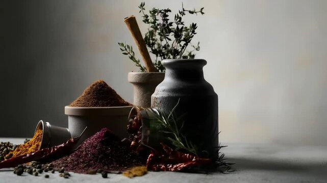 Aromatic Spices and Herbs on a Light Gray Surface
