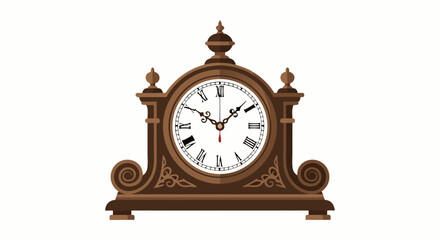 Detailed Vector Illustration of an Ornate Antique Clock with Roman Numerals and Intricate Woodwork Design