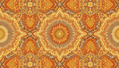 Abstract vivid floral pattern in warm earthy tones featuring intricate mandala designs and delicate background with texture.