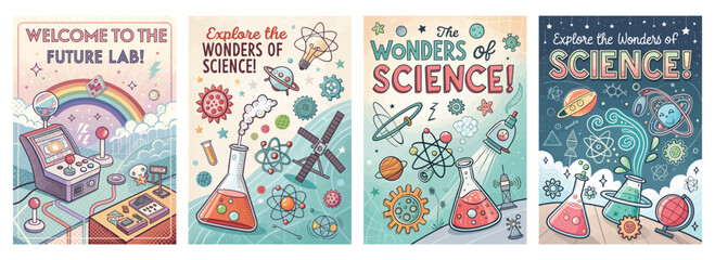 Set of four vibrant retro-style science posters featuring space exploration and chemistry themes