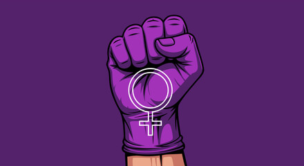 Empowered fist illustration with the symbol of feminism on a purple background creating a visually striking impactful statement showing unity and